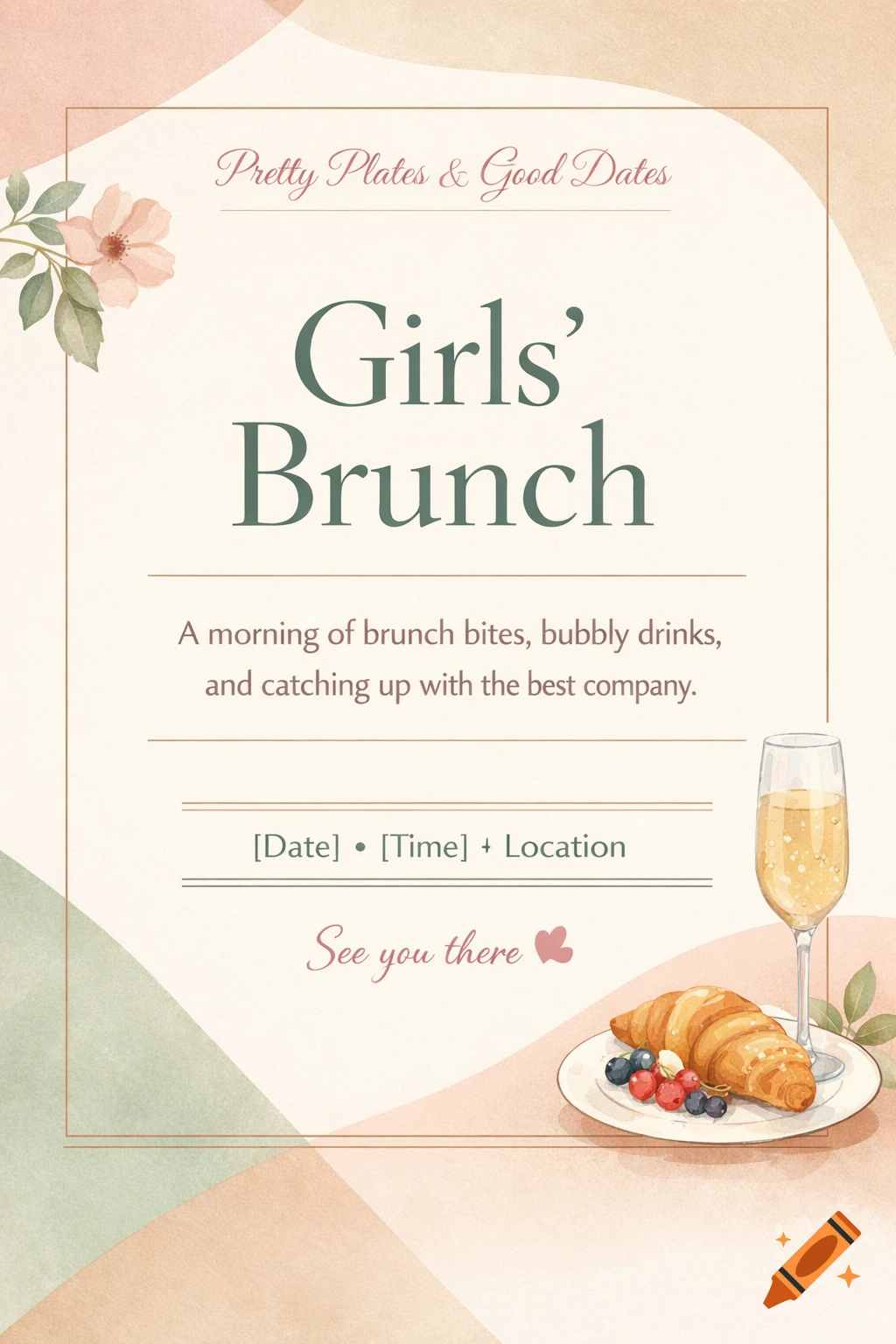 Watercolor invitation card with text "Girls' Brunch", a croissant with berries, and a champagne glass, framed by soft floral and abstract shapes.