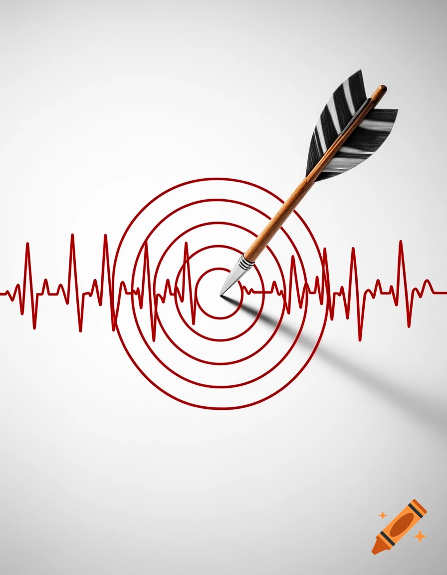 A wooden arrow hitting the bullseye of a red target, superimposed on a red heartbeat line on a white background.