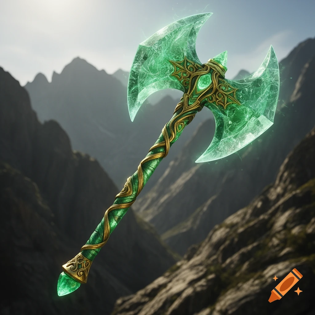 A detailed fantasy double-headed axe with glowing green crystal blades, a green and gold ornate hilt, set against misty mountains.