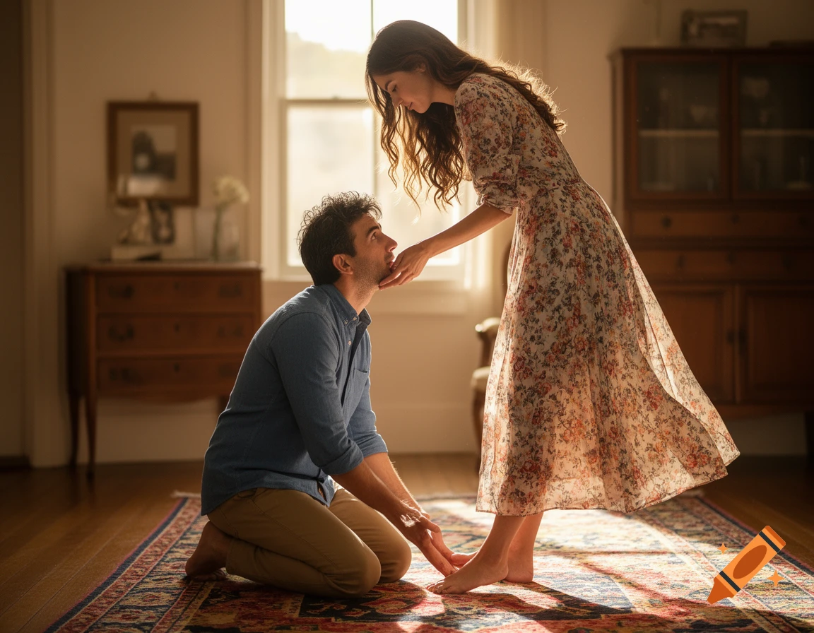 A man kneels looking up at a woman who gently touches his chin in a sunlit indoor setting, photorealistic style.