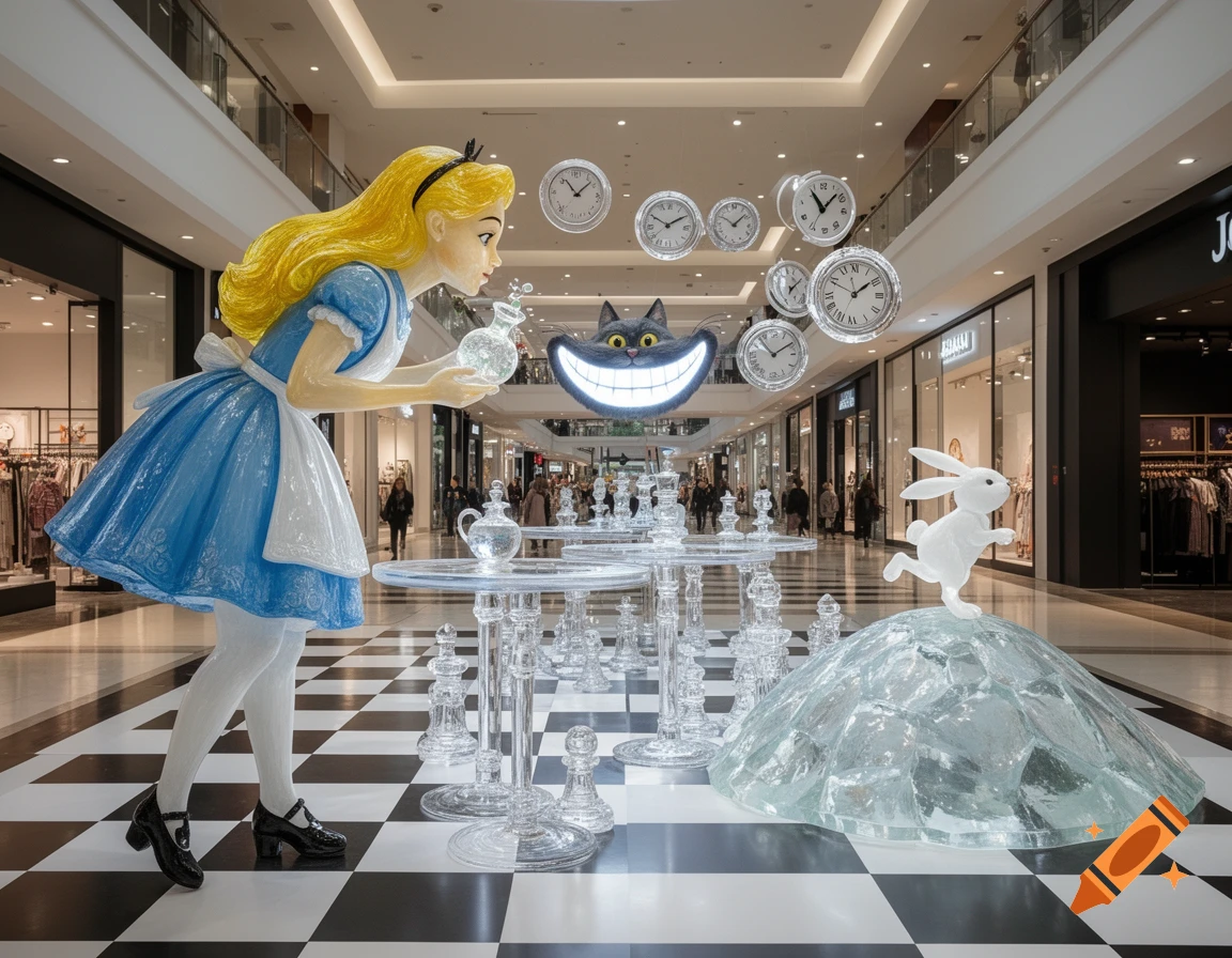 Alice in Wonderland art installation in a mall with Alice, Cheshire Cat, White Rabbit, glass tables, and floating clocks.
