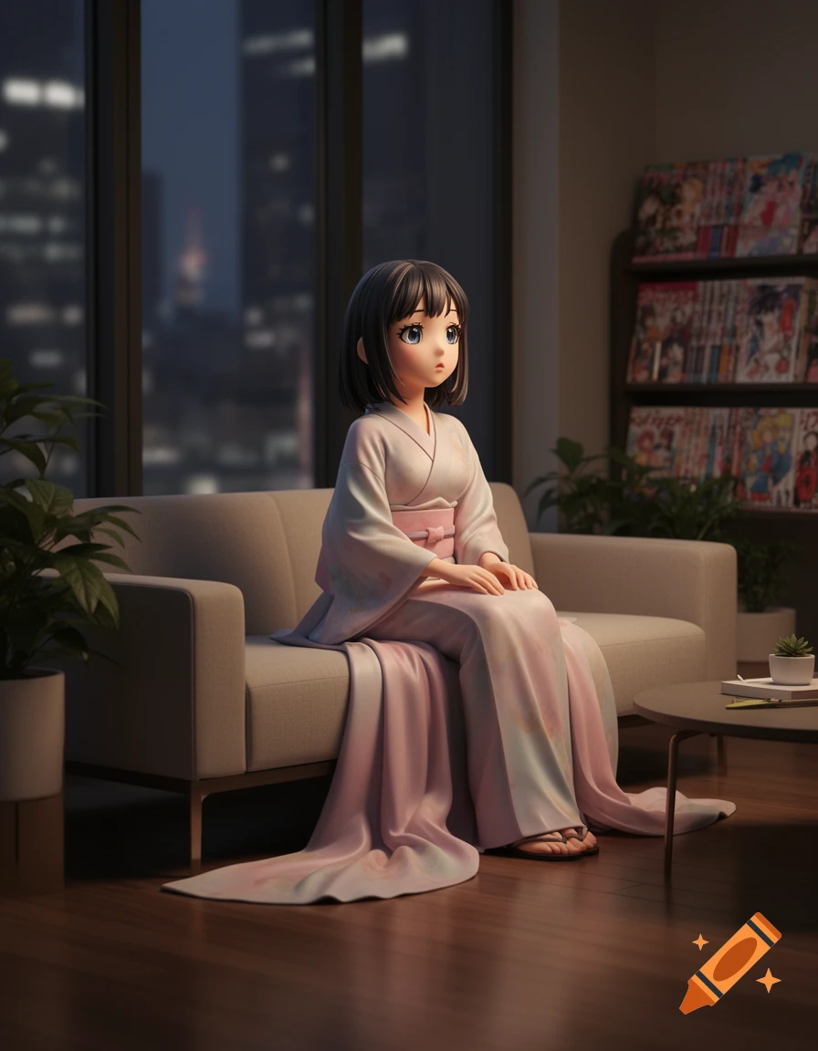 An anime girl in a pink kimono sits on a beige sofa in a modern apartment living room, looking towards a city view at night. 3D render.