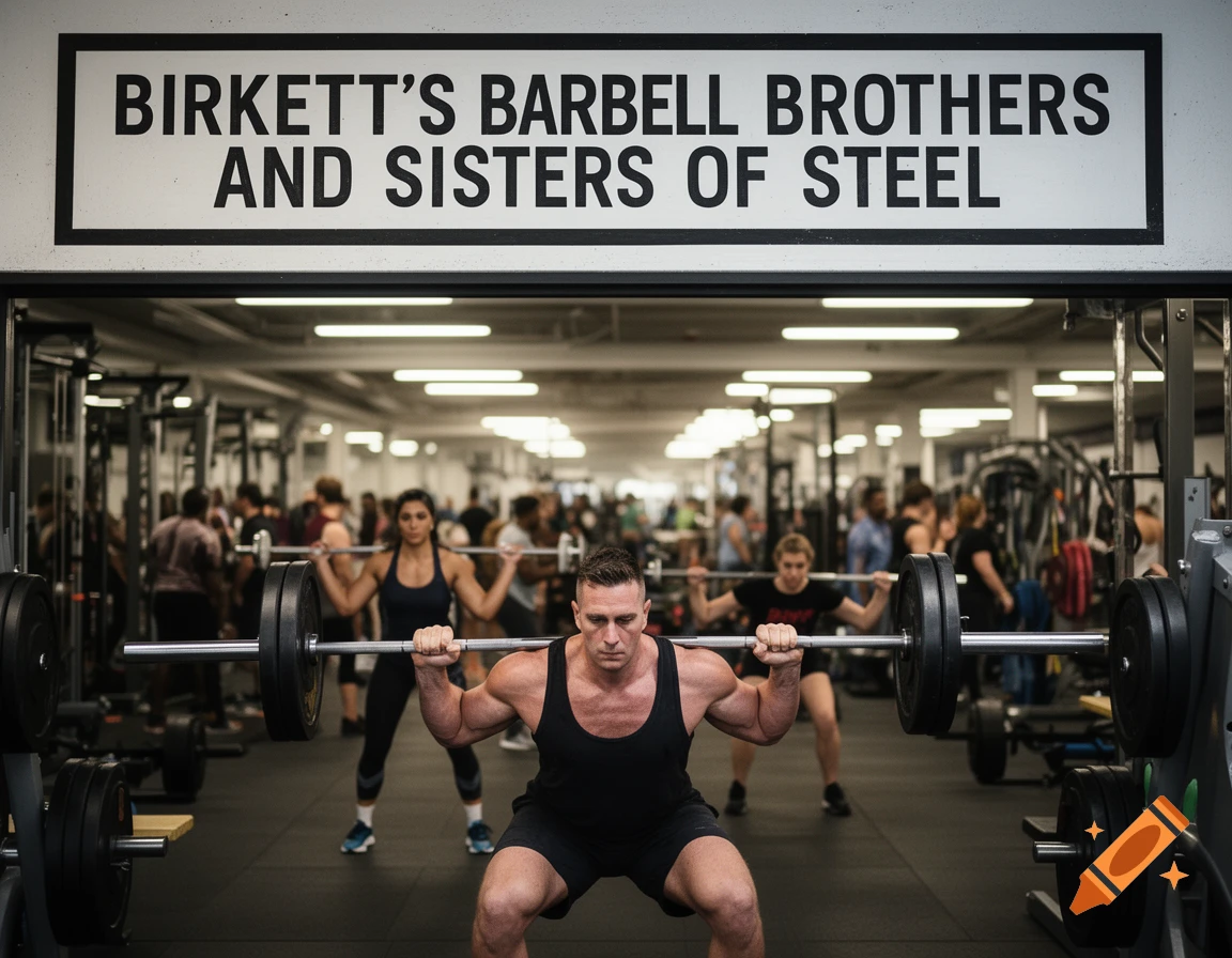 A man squats with a barbell in a gym, with other weightlifters and equipment visible. A sign above reads 'BIRKETT'S BARBELL BROTHERS AND SISTERS OF STEEL'.