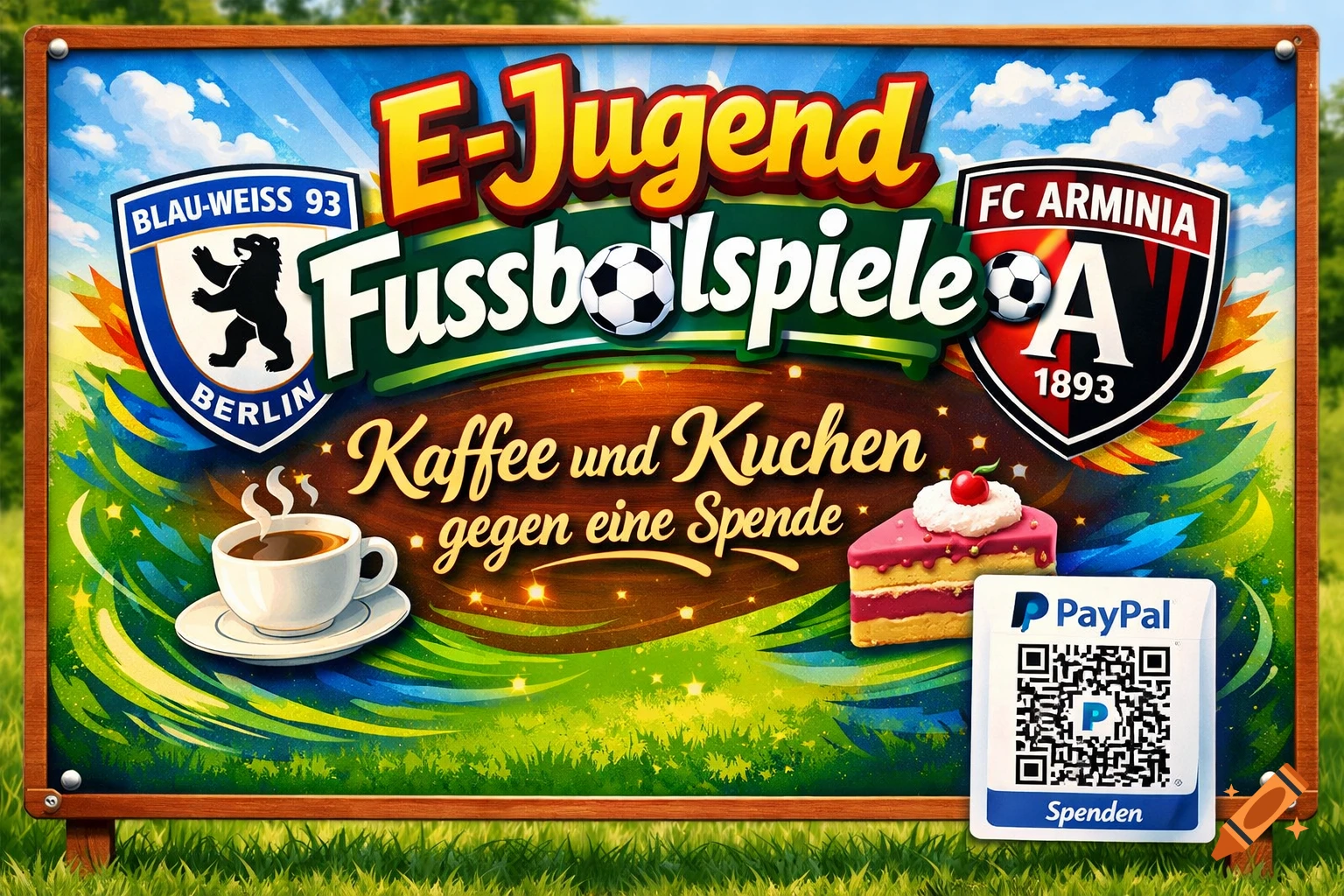 A colorful sign advertising E-Youth football games, offering coffee and cake for a donation, featuring two soccer team logos and a PayPal QR code, set in a grassy outdoor area.