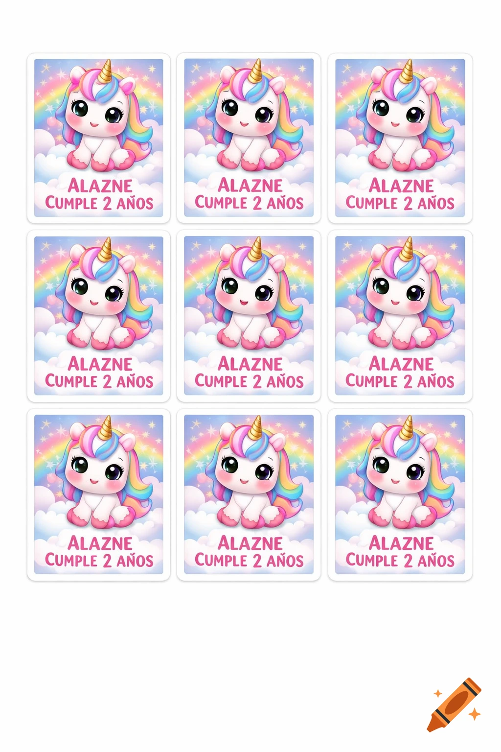 Nine identical rectangular stickers with a kawaii unicorn, pastel rainbow mane, clouds, sparkles, and text 'ALAZNE CUMPLE 2 AÑOS'.