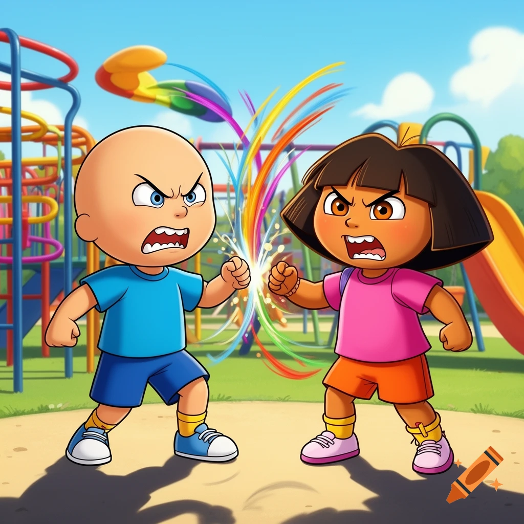 Angry cartoon Caillou and Dora face off in a playground, with colorful energy crackling between their fists.