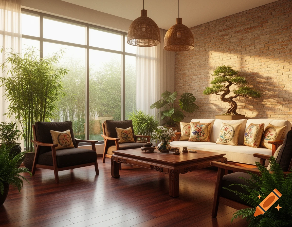 A warm, natural light-filled Vietnamese-inspired living room with bamboo plants, a bonsai tree, and wooden furniture.