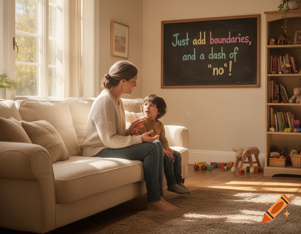 A woman and a child sit on a couch in a sunlit living room, with a blackboard displaying "Just add boundaries, and a dash of 'no'!" on the wall.