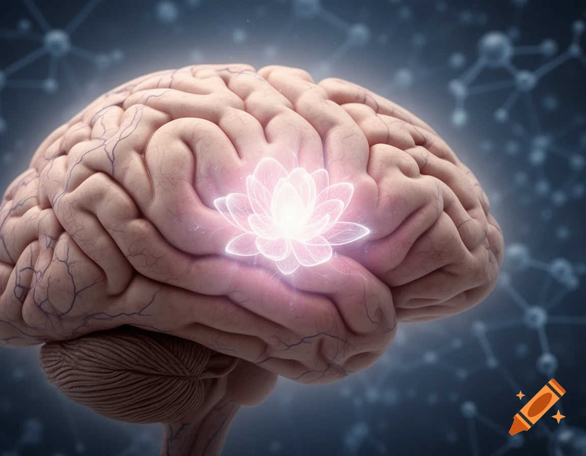 Detailed human brain with a glowing lotus flower emanating light from its center, set against a dark, molecular background.