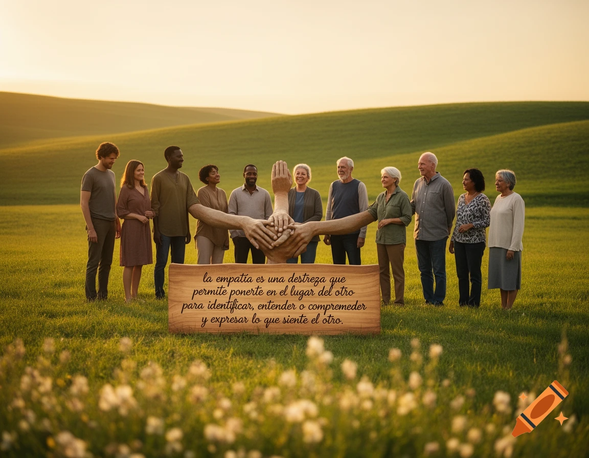 A diverse group of people stand in a green field with rolling hills at sunset. A wooden sign with a Spanish quote about empathy and a sculpture of clasping hands are in the foreground.