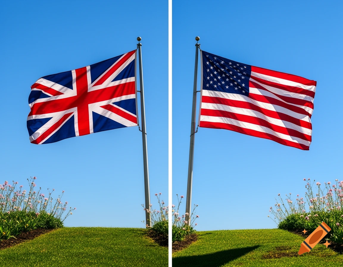 Photorealistic image of the British Union Jack and American flags flying side-by-side on poles against a clear blue sky.