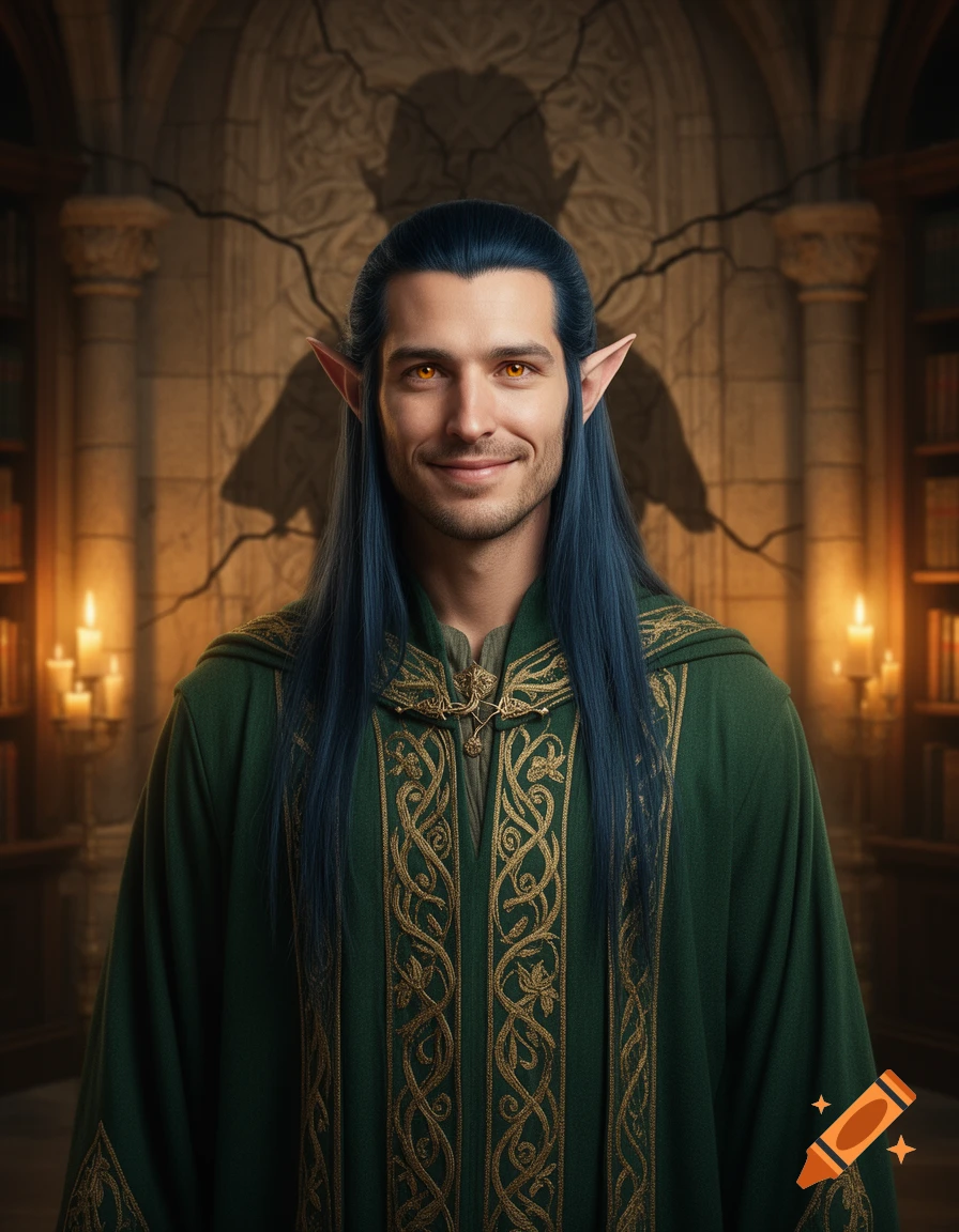 Smiling half-elf scholar with blue-black hair, amber eyes, pointed ears, wearing a green embroidered robe in a library.