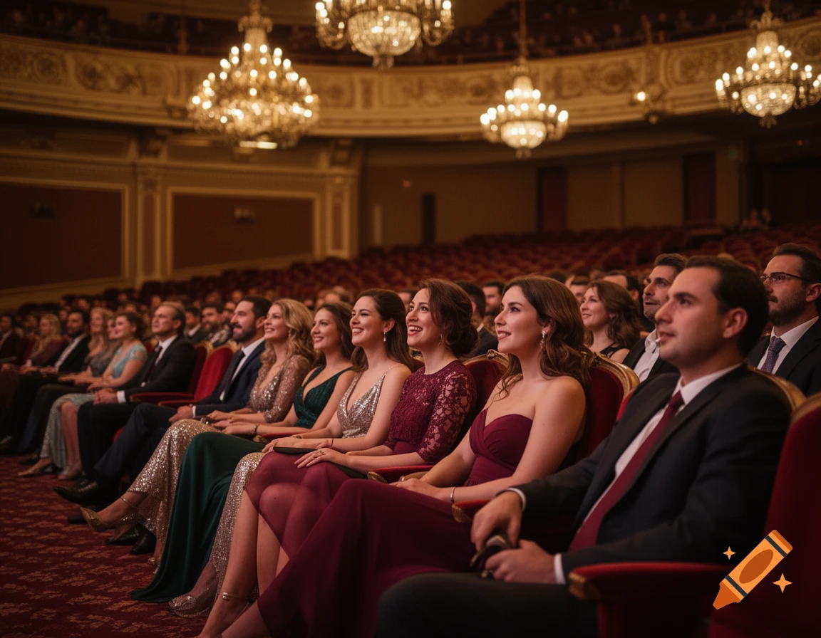 A formally dressed audience sits in a grand theater with ornate chandeliers, looking towards a stage.