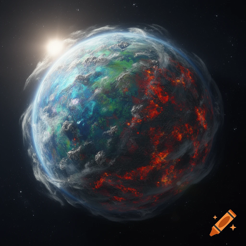 A vibrant planet in space, half lush green and blue with clouds, half fiery red lava, under a bright sun.