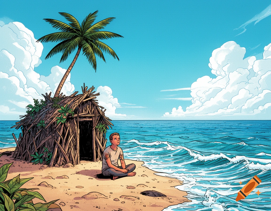 A comic-style illustration of a person sitting on a sandy beach next to a makeshift hut and a palm tree, looking out at the ocean.
