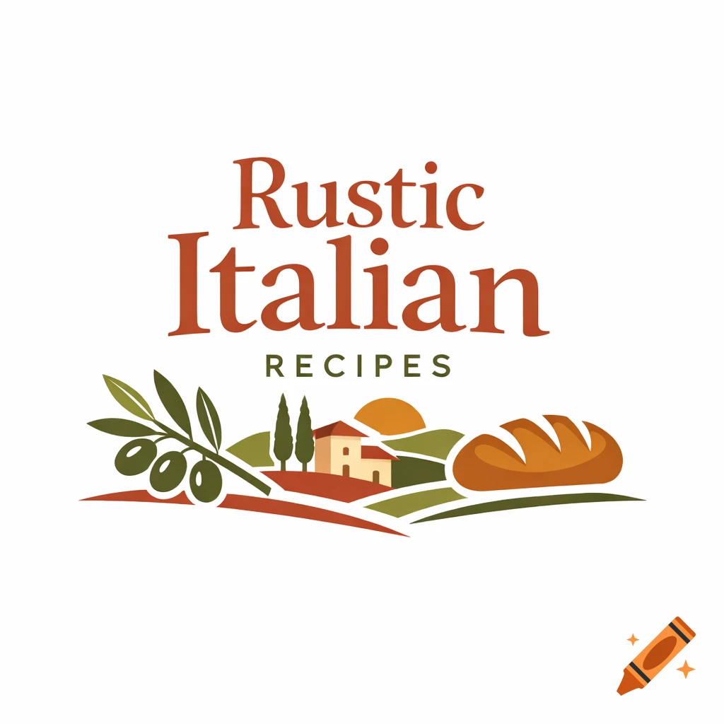 Logo for 'Rustic Italian Recipes' with an illustration of an Italian landscape, olive branch, and bread.