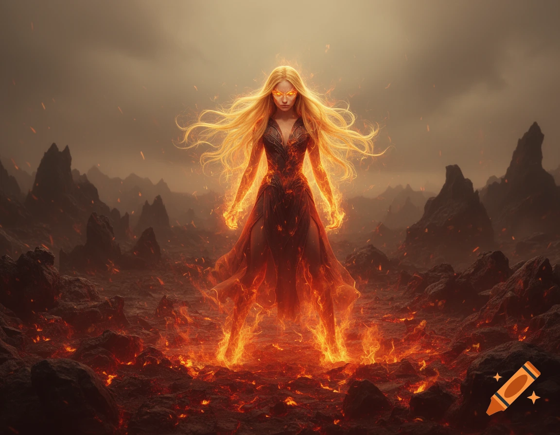 A powerful blonde woman wreathed in fire stands amidst a fiery, volcanic landscape under a stormy sky, with glowing eyes.
