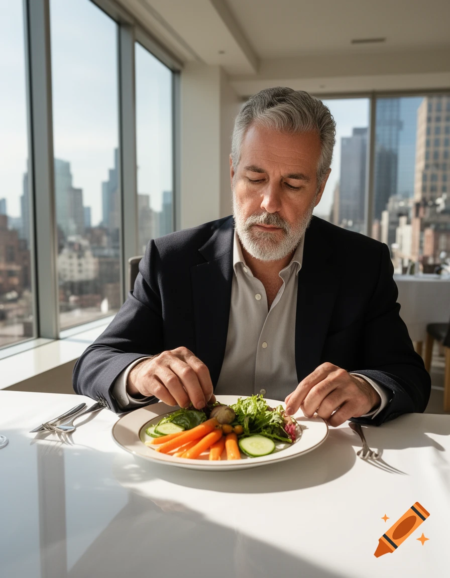 A man with a gray beard eating a fresh vegetable salad in a bright restaurant with a city view.