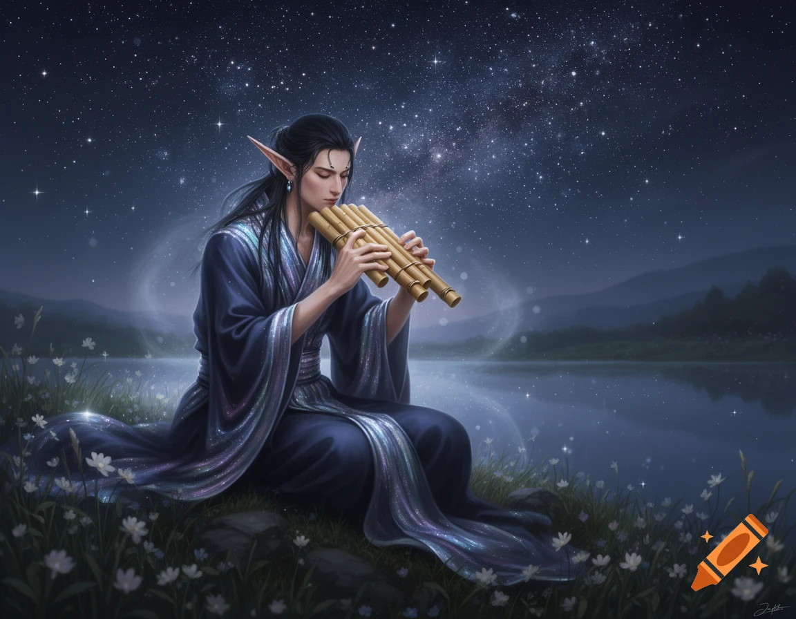 An elf-like fantasy character in flowing robes sits by a lake playing a pan flute under a brilliant starry night sky.