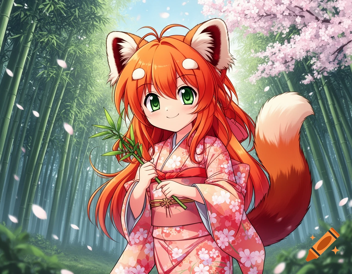 An anime red panda girl with orange hair, green eyes, wearing a pink kimono, holds bamboo in a bamboo forest with cherry blossoms.