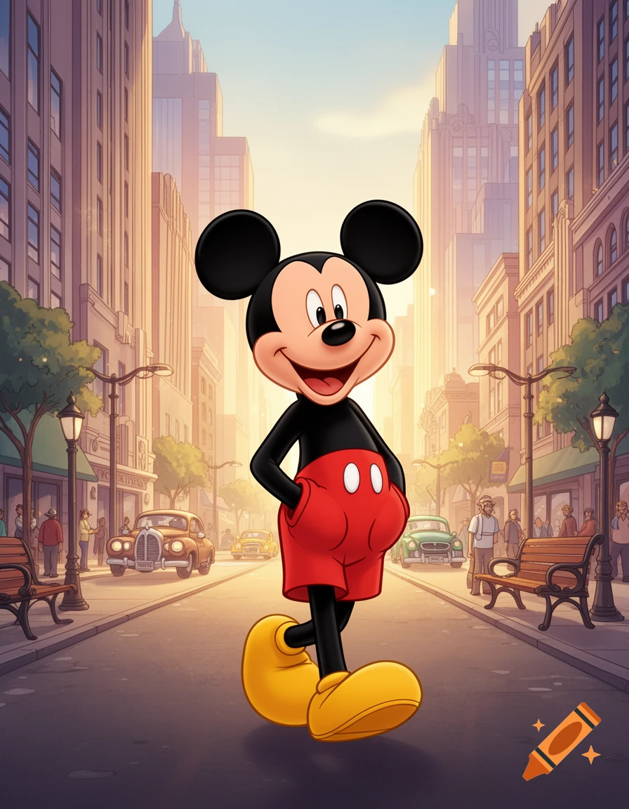 Mickey Mouse walks down a cartoon city street with hands in his pockets and a happy expression.