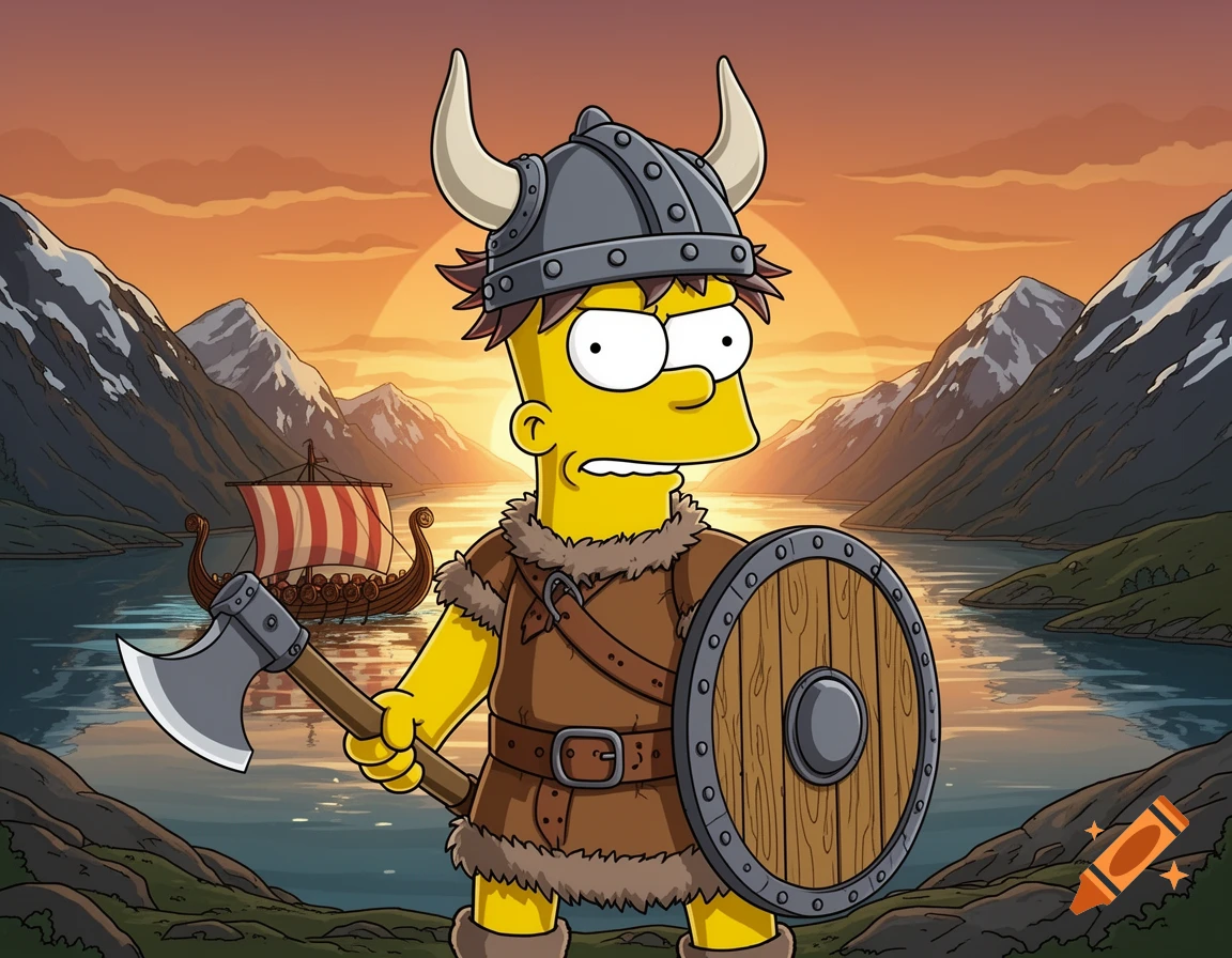 Cartoon Bart Simpson dressed as a Viking holding an axe and shield, standing by a lake with mountains and a Viking ship at sunset.