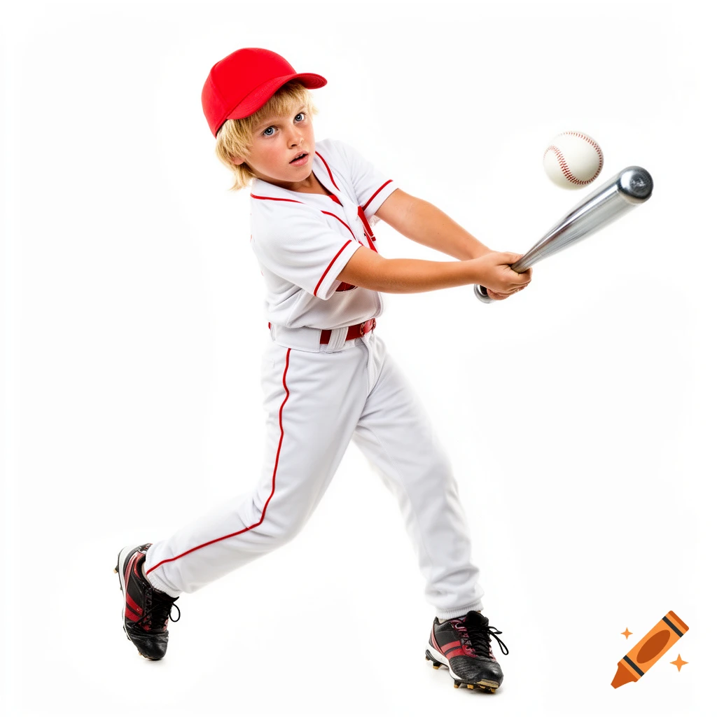 Blonde boy in a red baseball cap and white uniform swinging a bat to hit a baseball against a white background.