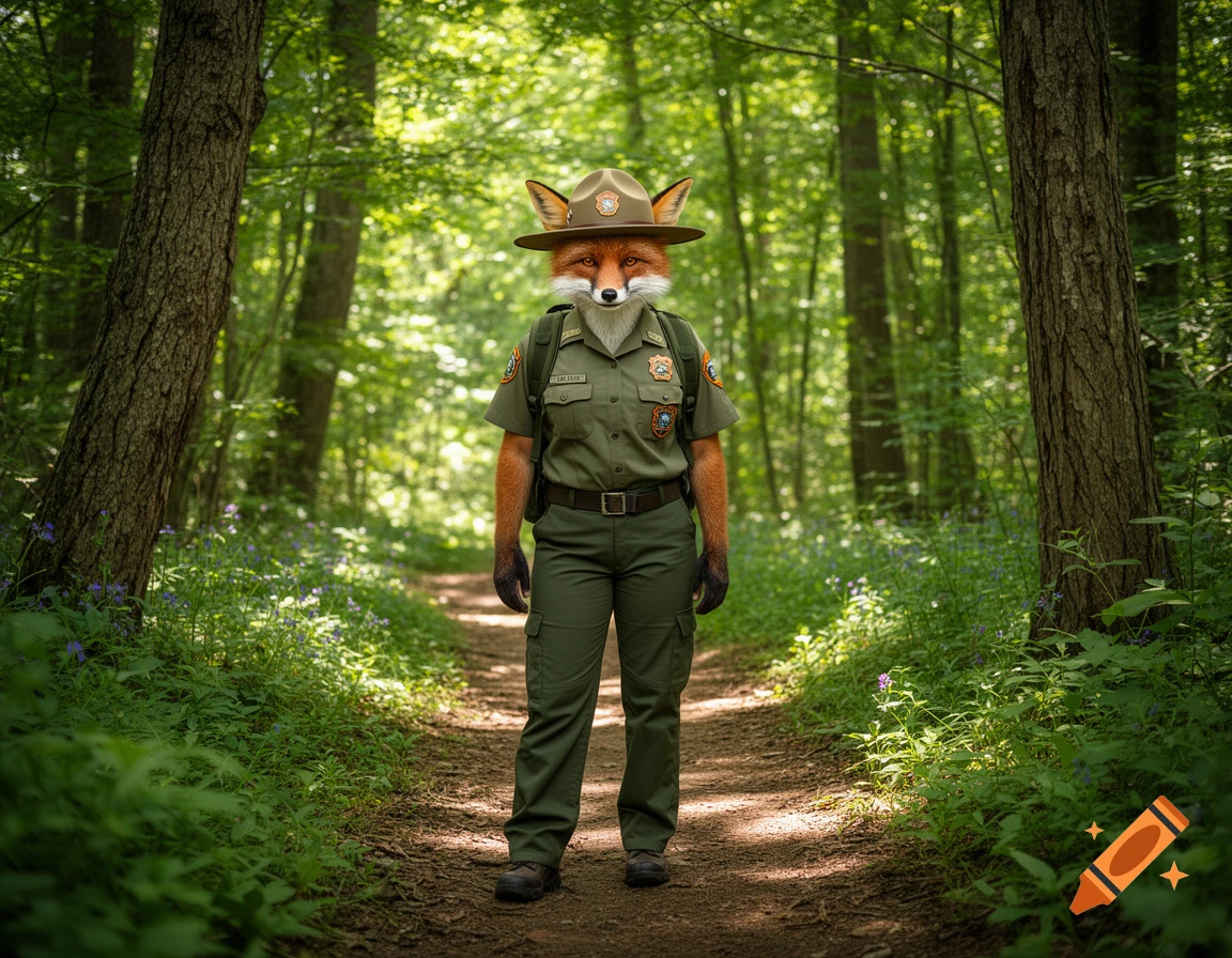 Photorealistic anthropomorphic fox dressed in a park ranger uniform ...