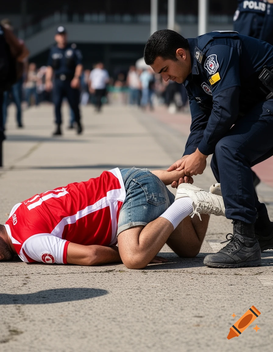 A police officer holds the leg of a man in a red jersey and denim shorts who is lying face down on the ground.