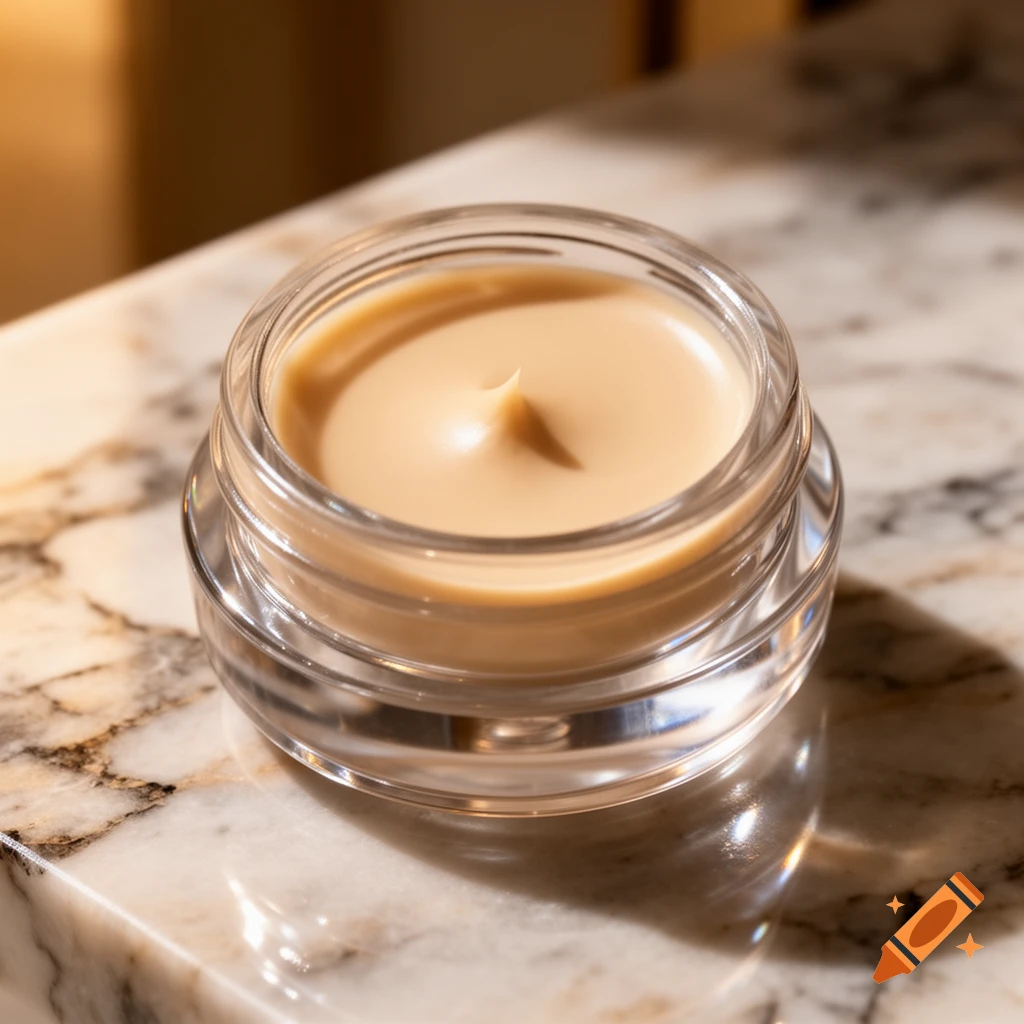 Close-up of a glass jar of light blonde brow pomade on a marble surface.