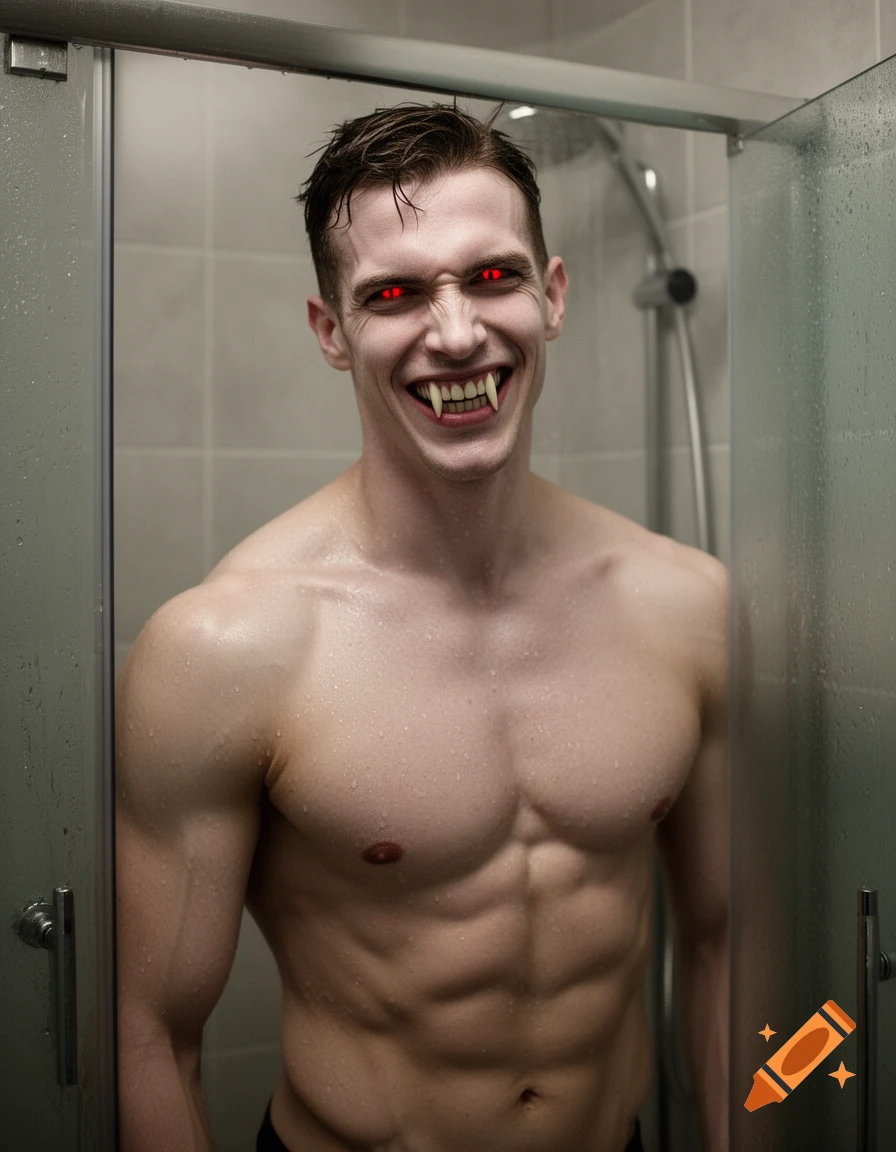 Muscular, pale vampire with glowing red eyes and fangs grins menacingly while stepping out of a shower. Photorealistic.