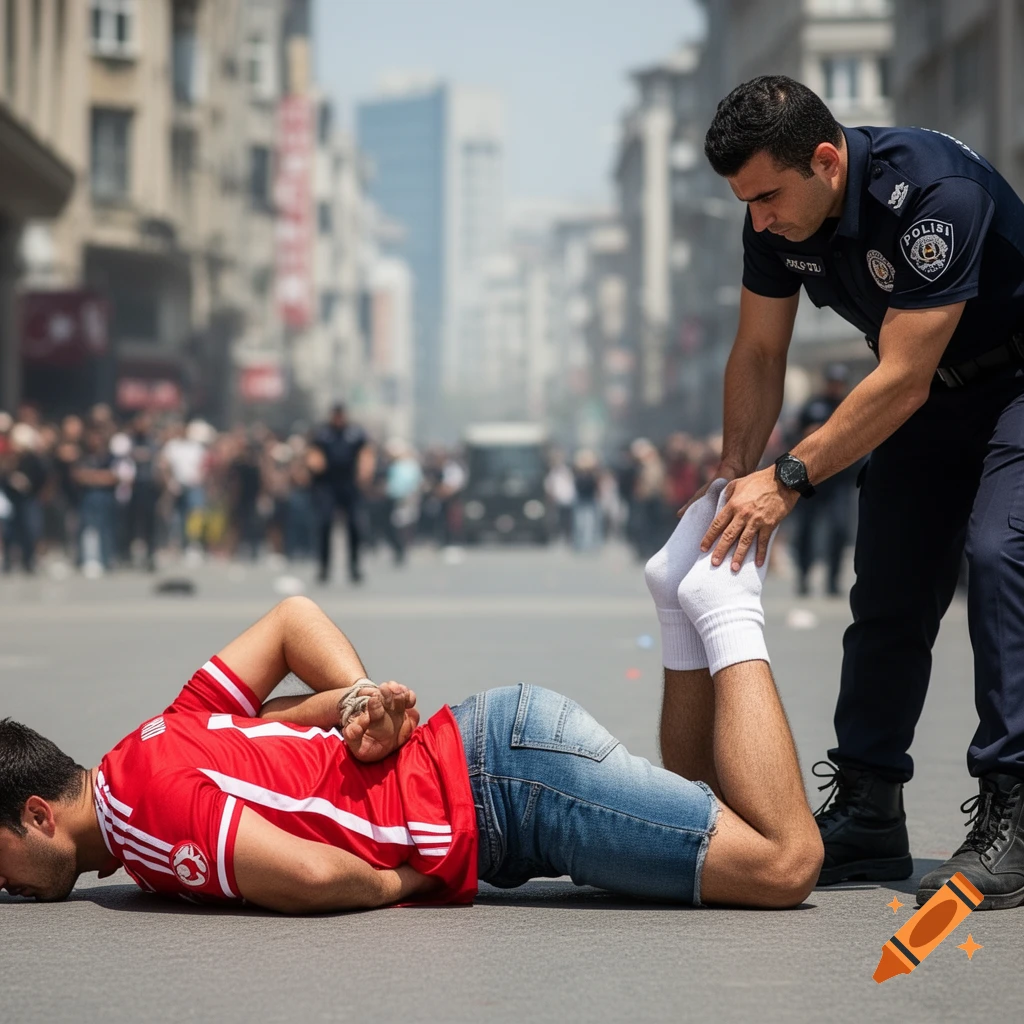 A police officer holds the feet of a man in a red jersey, lying face down on the ground with hands bound in a street.