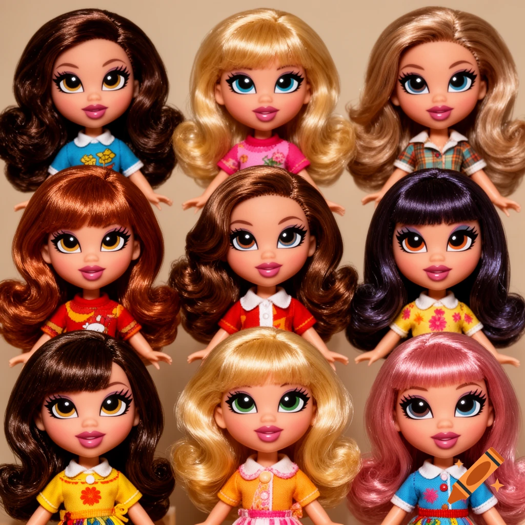 Close-up of nine diverse Bratz-style dolls with big eyes and colorful outfits, arranged in a grid.