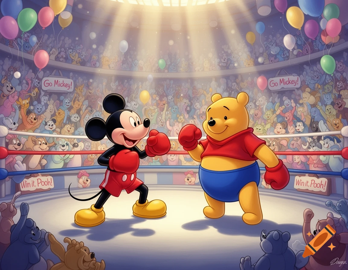 Mickey Mouse and Winnie the Pooh in a boxing ring, wearing red gloves, facing each other. A crowd of cheering cartoon characters fills the stadium, with signs reading "Go Mickey!" and "Win it, Pooh!". Balloons float above.