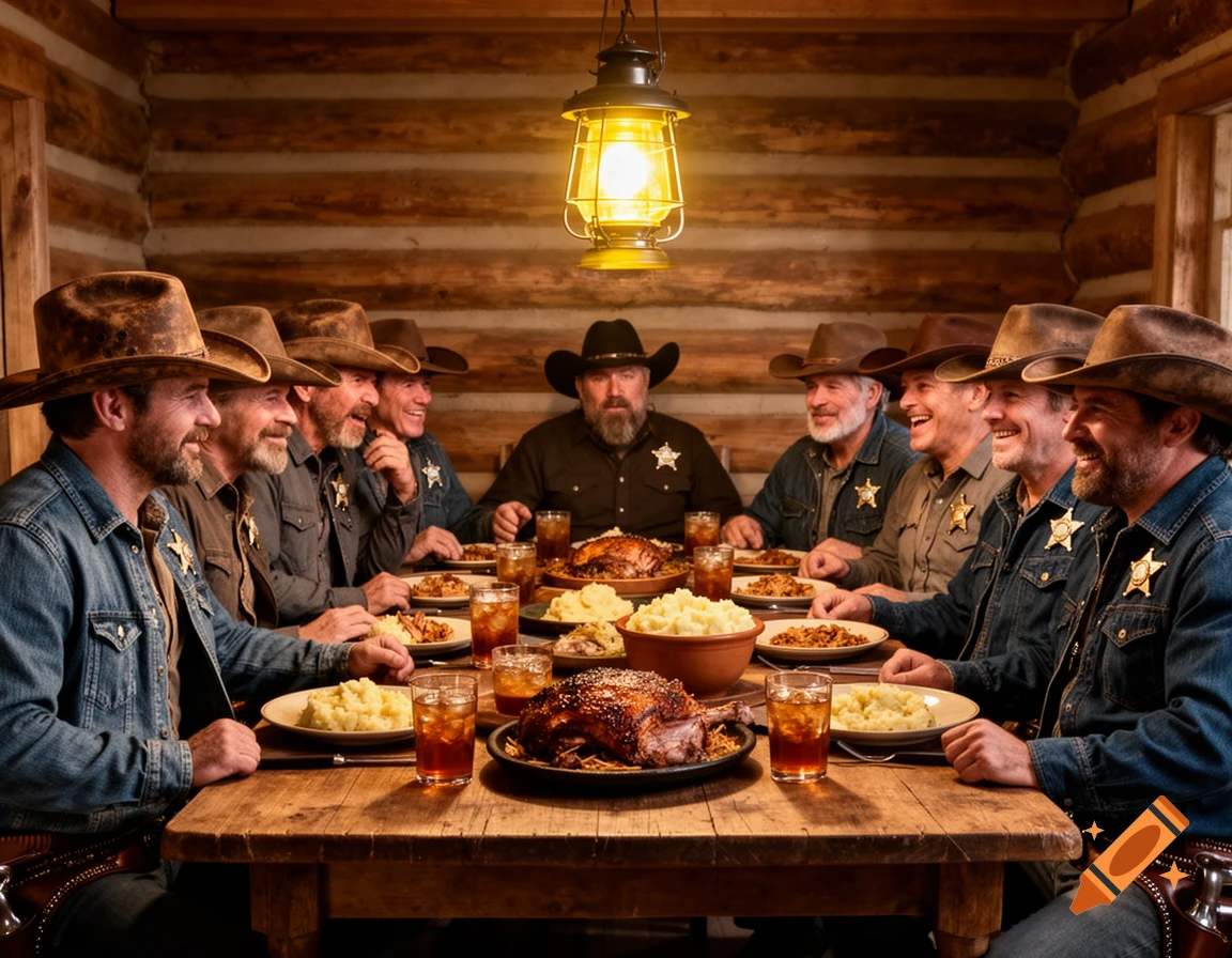 A group of bearded men in cowboy hats and sheriff badges dine at a long wooden table in a rustic log cabin, illuminated by a lantern.