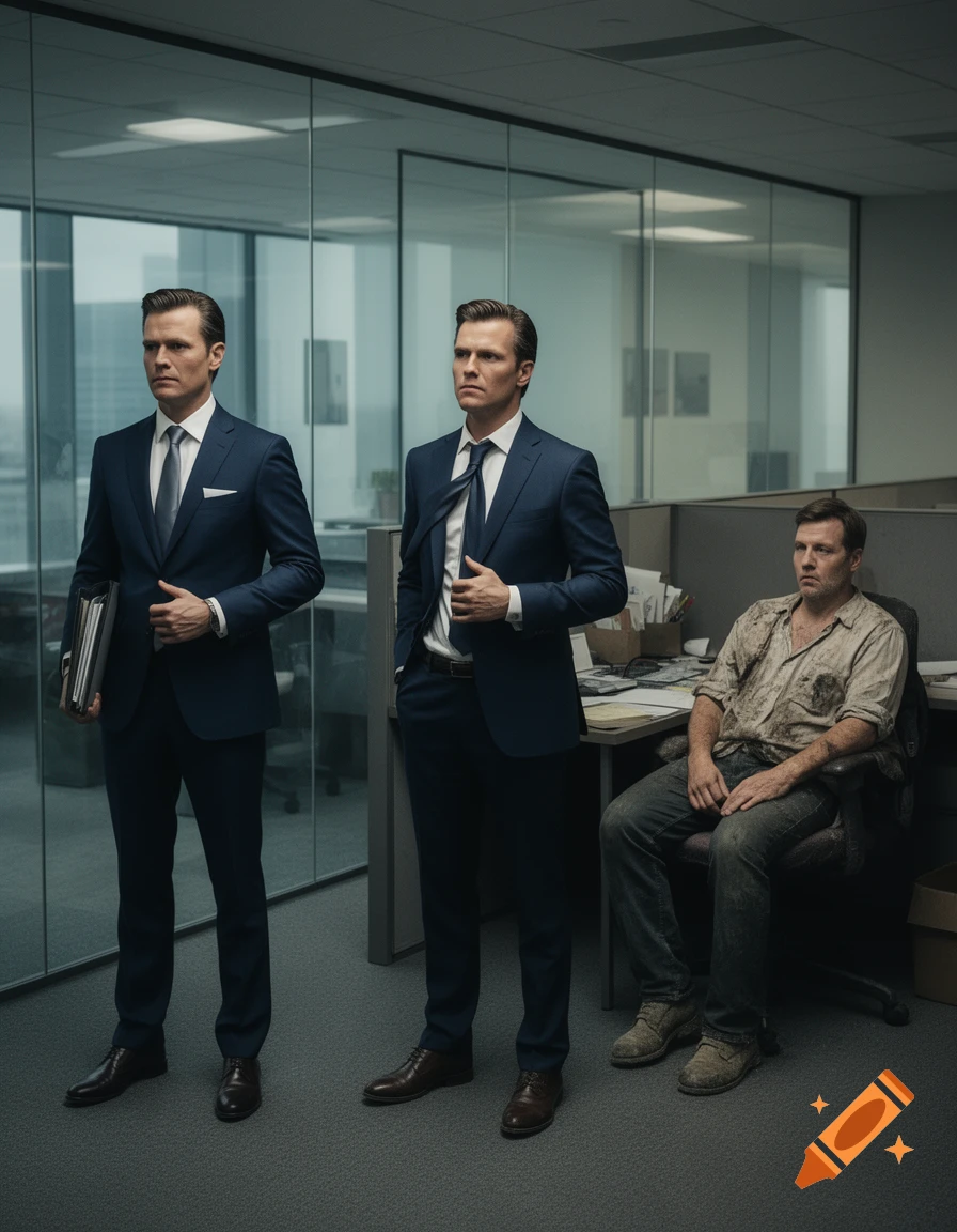 Three men in an office: two identical well-dressed businessmen in suits stand side by side, while a third man, disheveled and dirty, sits slumped in a chair at a cubicle desk.