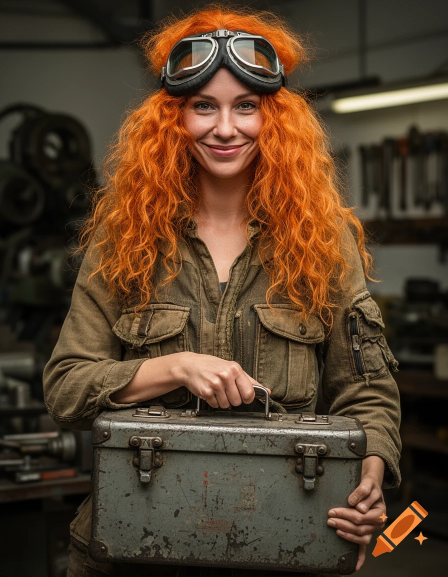 A smiling woman with long, curly orange hair and flight goggles holds a metal toolbox in a workshop. Photorealistic.