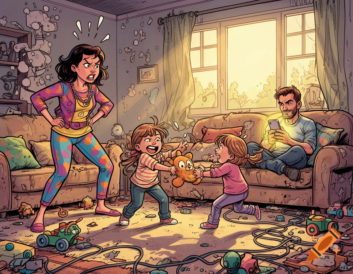 Comic illustration of an annoyed mother in a messy living room with a distracted father and two fighting daughters.