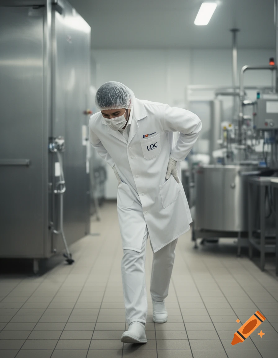 A worker in a white lab coat, hairnet, and mask walks with a bent back in a clean food processing facility.