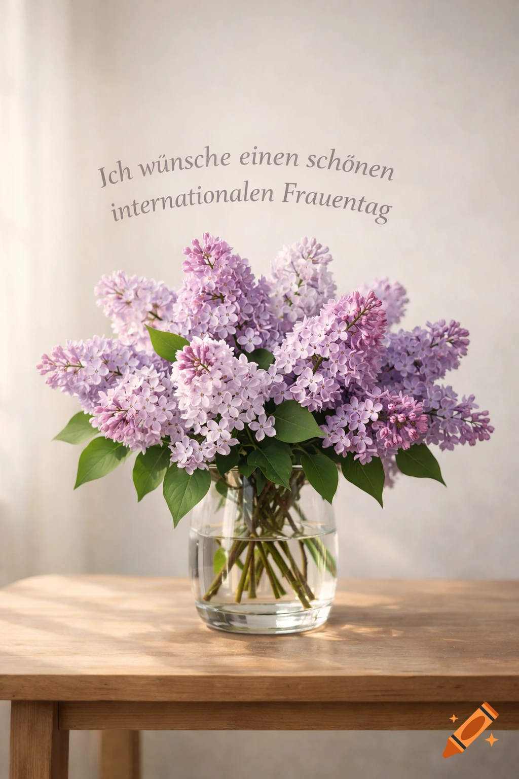 A photorealistic bouquet of purple lilac flowers in a glass vase on a wooden table, with German text for International Women's Day.