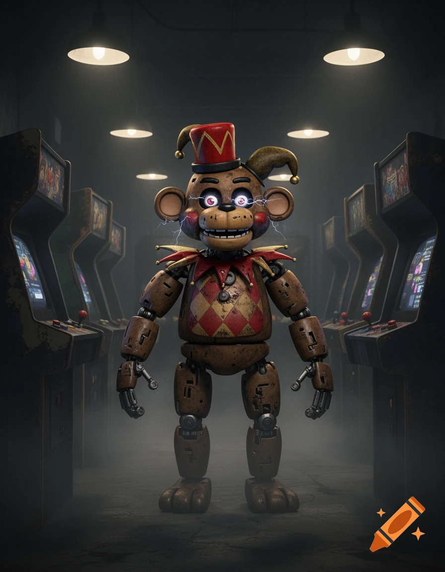 A creepy monkey animatronic with glowing eyes and electrical sparks in a jester hat stands in a dimly lit arcade.
