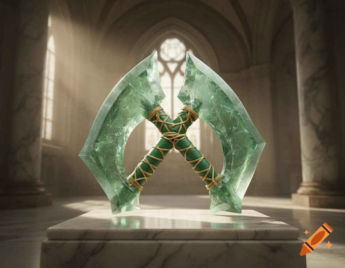 A shimmering green crystal double-bladed axe with a gold-wrapped green hilt rests on a marble pedestal in a grand hall.