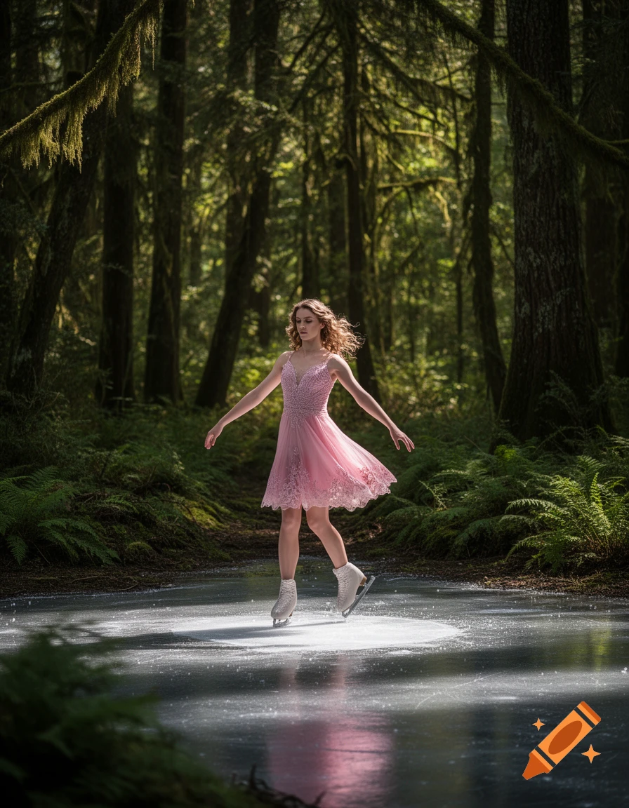A woman in a pink dress gracefully ice skates on a patch of ice in a lush, green forest.