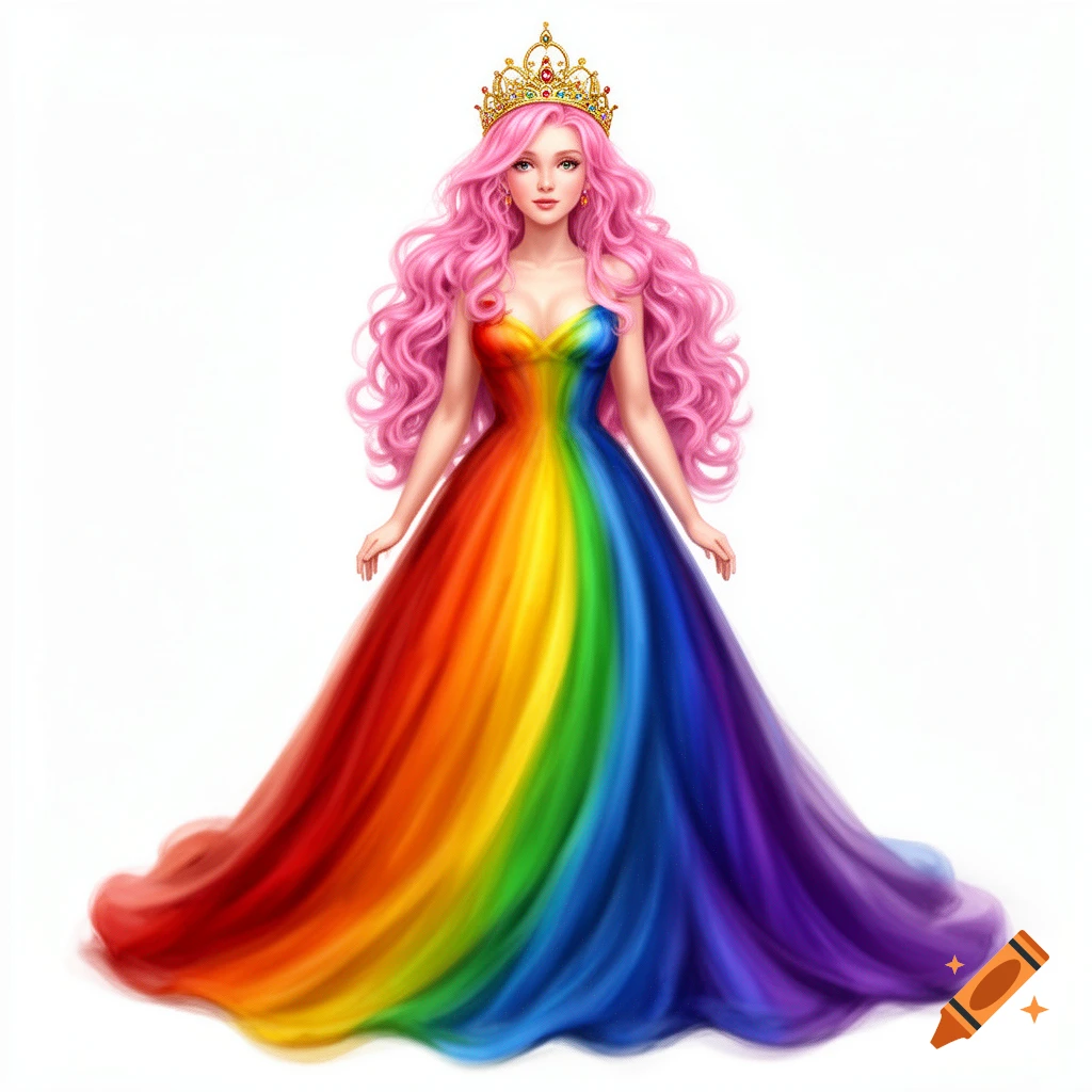 A fairytale princess with long pink hair and a golden tiara, wearing a flowing, vibrant rainbow dress on a white background.