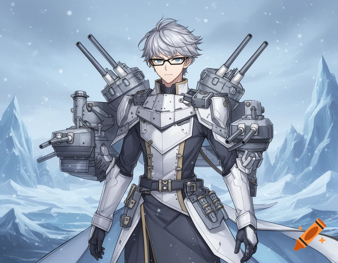 Anime man with silver hair and glasses, wearing white and black armor with battleship turrets attached to his shoulders, in a snowy mountain landscape.
