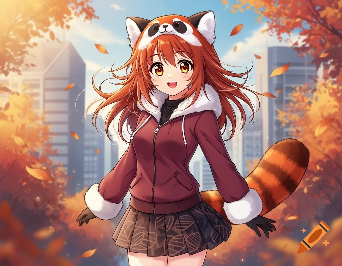 Smiling anime girl with red panda ears and tail in an autumn city street with falling leaves.