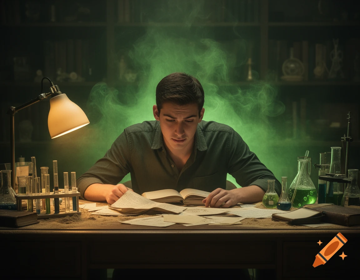 A young man intently studies books at a cluttered desk with lab equipment and green fumes swirling around him.