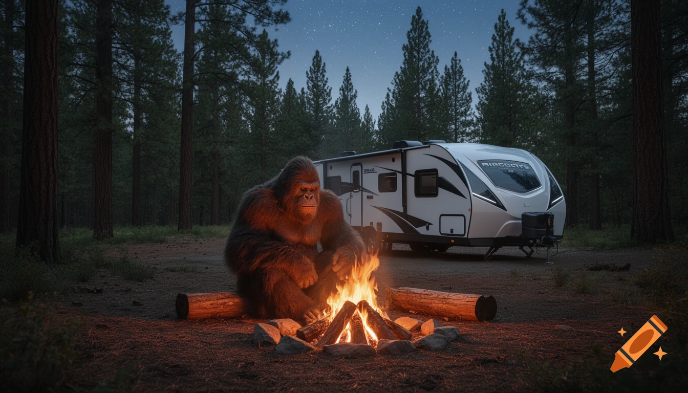 A photorealistic Bigfoot sits by a glowing campfire in a dark forest, with a white travel trailer parked behind it under a starry sky.