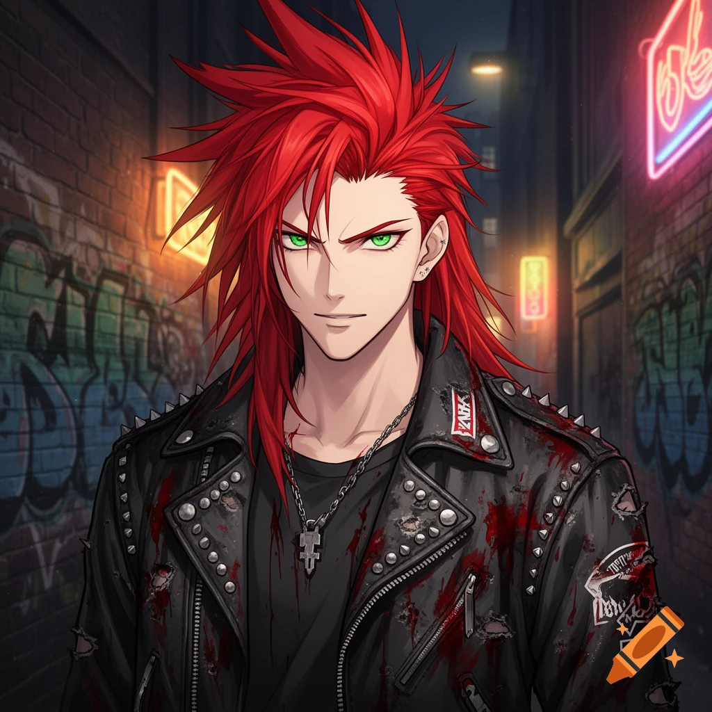 An anime male character with spiky red hair and green eyes, wearing a blood-stained studded leather jacket, stands in a graffiti-covered alley at night.