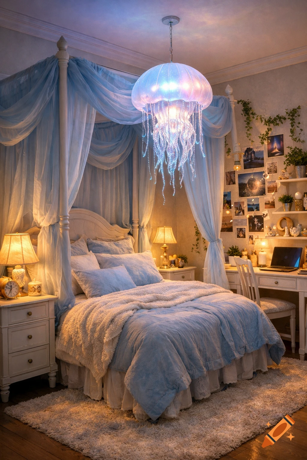 A whimsical bedroom with a blue canopy bed, a glowing jellyfish chandelier, a desk, and shelves adorned with photos and plants, bathed in soft, colorful light.